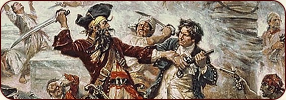 Ausschnitt aus dem Gemälde "Die Gefangennahme von Blackbeard, 1718", den Kampf zwischen Blackbeard und Robert Maynard darstellend. Das Bild ist natürlich nicht zeitgenössisch, sondern eine romantisierende Interpretation von Jean Leon Gerome Ferris aus dem Jahr 1920