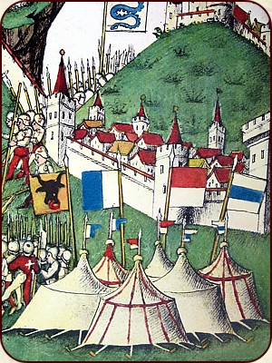 Die Schlacht bei Arbedo, 1422. Kolorierte Federzeichnung.