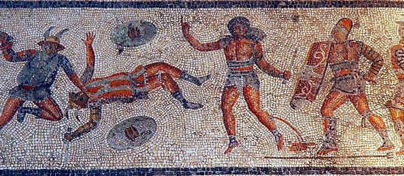 Bild: Teil eines Mosaiks mit zahlreichen Abbildungen von Gladiatoren in der Villa Dar Buc Ammera (auch bekannt als Villa Zliten) in Tripolis