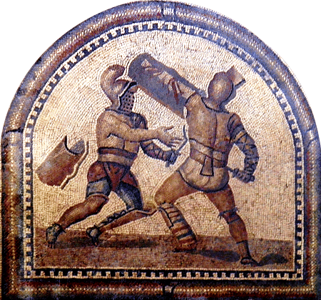 Kampf eines Thraex gegen einen Murmillo (Mosaik in der Römerhalle Bad Kreuznach, Rheinland-Pfalz)