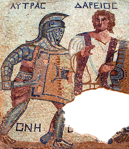 Auf diesem Mosaik aus der Villa in Nennig, Deutschland, aus dem 2. bis 3. Jahrhundert n. Chr. sticht ein Retiarius mit seinem Dreizack auf einen Secutor ein. Deutlich zu erkennen: Beide tragen Manicae.