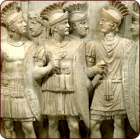 Legionäre der Prätorianergarde, 2. Jh mit römisch-attischen Helmen und Pteryges