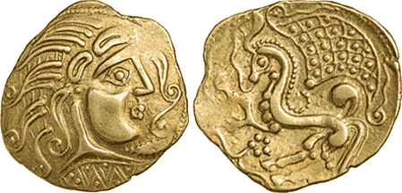 Keltische Münze: Parisii (Großraum Paris), Goldstater, Stilisierter Apollonkopf mit langen Haaren / Stilisiertes Pferd unter Punktnetz (Flesche Nr. 210), Staatliche Münzsammlung München, Dauerleihgabe