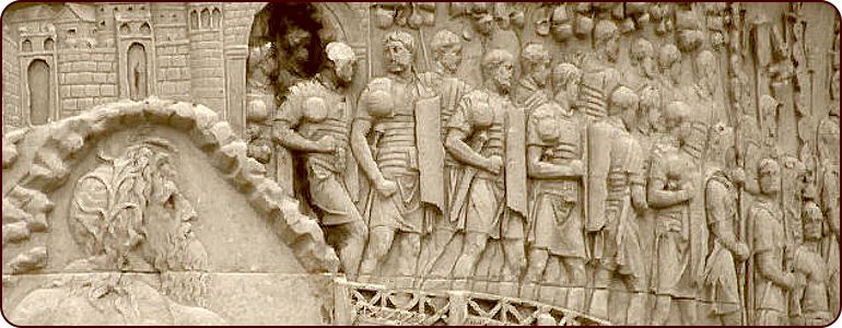 Römische Legionäre in Lorica Segmentata überschreiten die Donau - Relief auf der Trajansäule in Rom (Anfang 2. Jh. n. Chr.)