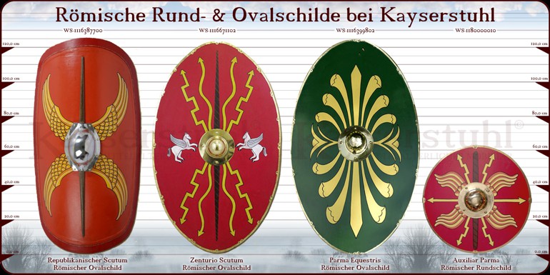 Runde und ovale römische Schilde (Scutum) aus dem Kayserstuhl-Sortiment.