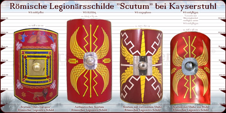 Eckige bzw. rechteckige römische Schilde (Scutum) aus dem Kayserstuhl-Sortiment.