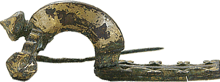 Seitenansicht einer gallo-romanischen Zwiebelknopffibel, 5. Jh., Fund aus Monceau-le-Neuf dans l'Aisne, heute Exponat im Musée de Laon