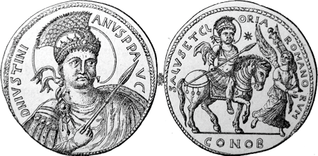 Goldmedaillon Justinians im Wert von 36 solidi, das mutmaßlich anlässlich des Sieges von 534 „das Heil und den Ruhm der Römer“
