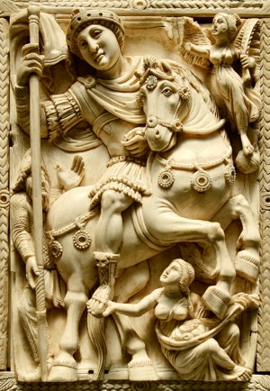 Mitteltafel des Barberini-Diptychon aus dem 6. Jhd. Es zeigt den Kaiser im Augenblick des Triumphes. Bei der Darstellung handelt es sich wahrscheinlich um Kaiser Justinian (527 bis 565)