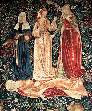 Tapesserie "Der Triumpf des Todes" oder "Die drei Schicksalsgöttinen (Clotho, Lachesis and Atropos)" mit a typischeml Millefleurs Hintergrund, Flämisch, ca. 1510–1520