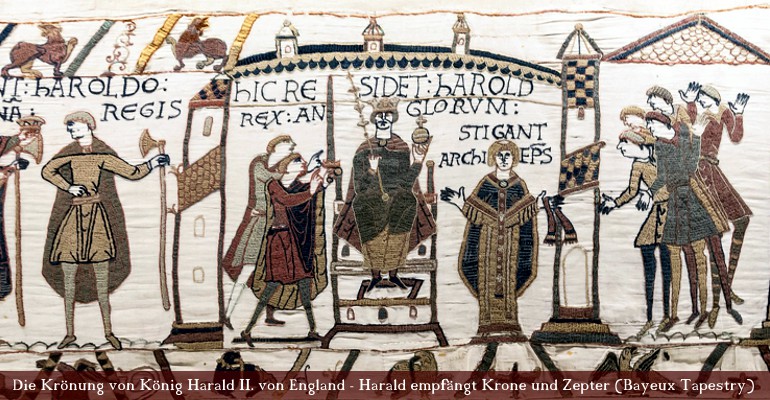 Die Krönung von König Harald II. von England - Harald empfängt Krone und Zepter (Bayeux Tapestry)
