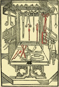 Chirurgisches Instrumentarium aus "Dis ist das buch der Cirurgia. Hantwirckung der wundartzny." von Hieronymus Brunschwig, verlegt von Hans Grüninger, 1497