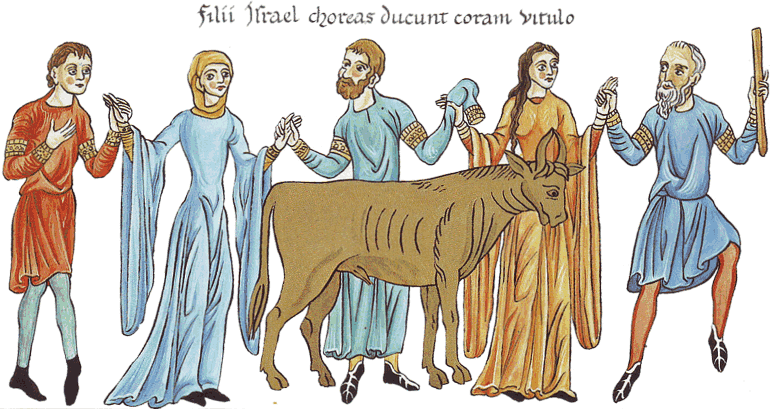 Der Tanz um das Goldene Kalb – Darstellung aus dem Hortus Deliciarum der Herrad von Landsberg (um 1180)