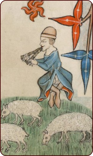 Mittlalterliche Schafhirtin mit Hirtenstab und Flöte, Luttrell-Psalter. London, British Library, Add. Ms. 42130. England um 1330-1340