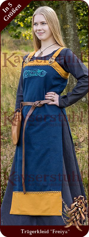 Besticktes Wikinger-Schürzenkleid "Freya", blau/maisgelb
