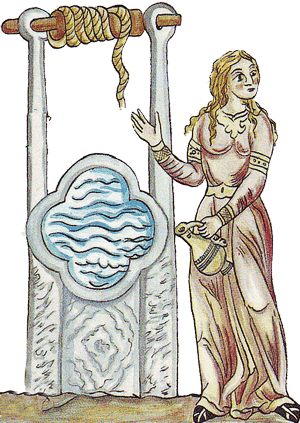 Samariterin am Jakobsbrunnen, Hortus Delicarum, Herrad von Landsberg, ca. 1180 n. Chr. 
