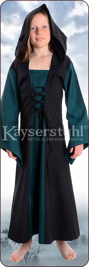 Mittelalter Kinderkleid "Ronja" mit Kapuze, schwarz/grün