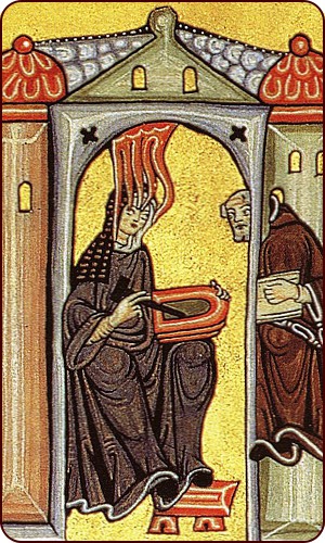 Hildegard von Bingen empfängt eine göttliche Inspiration und gibt sie an ihren Schreiber, den Mönch Vollmar, weiter, Frontispiz des Liber Scivias aus dem Rupertsberger Codex (um 1180)