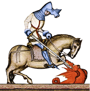Abbildung des hlg. St. Georg mit Jupon bzw. Gambeson, Hundsgugel und Rüstzeug in einem spätmittelalterlichen Stundenbuch (Herkunf: London, British Library, spätes 14. Jhd.)