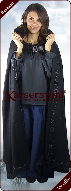 Bestickter Umhang "Arwen" aus schwarzer Wolle