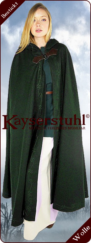 Bestickter Umhang "Arwen" aus grüner Wolle