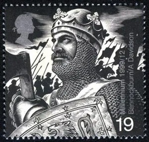 Bild oben: Britische Briefmarke mit einer Darstellung von Robert the Bruce mit Beckenhaube