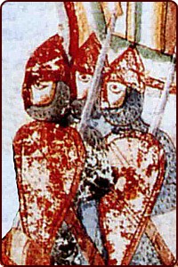 Abbildungen von Nasalhelmen aus dem "Liber ad honorem Augusti", 1196 n. Chr. von Petrus de Ebulo.