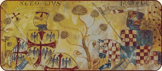 Fresko aus der Zeit um 1200 in der Dorfkirche von Saint-Jacques-des-Guérets (Centre-Val de Loire, Frankreich). Mitglieder des Templerordens aus der Zeit des zweiten Kreuzzuges (1146-1148) der Ritter mit dem Kreuz im Wappen ist ein Angehöriger der Familie de Montmorency, bei dem anderen Ritter könnte es sich um St. Georg, den Schutzpatron der Kreuzfahrer, handeln.