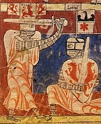 Abbildungen von Transitionalhelmen bzw. frühen Topfhelmen aus dem "Eneas" des Heinrich von Veldeke aus der zweiten Hälfte des 12. Jahrhunderts n. Chr. 
