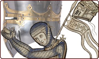 Original-Abbildung aus dem Westminster-Psalter (British Library, Royal Ms. 2 A XXII, f. 220). Gezeigt ist ein kniender Ritter mit seinem Pferd vor dem Aufbruch zum Kreuzzug. Sein Diener lehnt sich über den Burgturm und reicht dem Ritter seinen Helm (oben rechts).