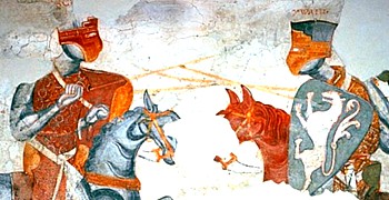 Abbildungen von Transitionalhelmen bzw. frühen Topfhelmen aus Schloss Rodenegg, nordöstlich von Brixen in Südtirol. Freskenzyklus zum Iwein-Epos von Hartmann von Aue, der als die älteste profane Wandmalerei im deutschen Sprachraum gilt (zwischen 1200 und 1230)
