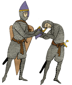 Ritter mit konischem Nasalhelm aus dem "Hortus Delicarum", einer im ausgehenden 12. Jahrhundert verfasste Enzyklopädie der Herrad von Landsber, die von 1167 - 1195 Äbtissin des Klosters Hohenburg auf dem Odilienberg (Elsass) war