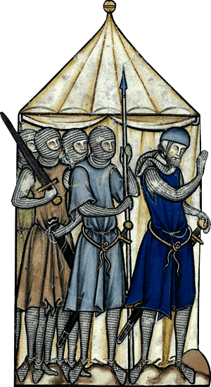 Kreuzfahrer mit Hirnhaube und Kettenhauben,, Maciejowski- bzw. Kreuzfahrerbibel, entstanden in Frankreich um 1240 n. Chr.