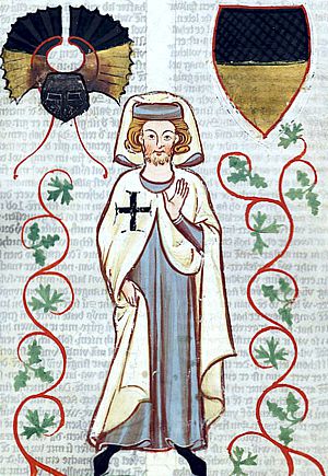 "Der Tannhäuser" mit Kübelhelm mit Helmzier und Schild in einer Illustration aus dem Codex Manesse, um 1300 n. Chr.