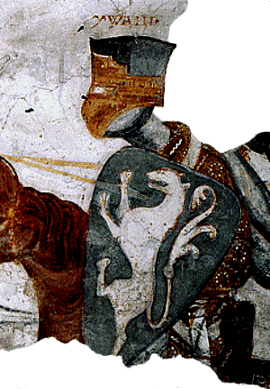 Transitionalhelm bzw. früher Topfhelmen aus dem Iwein-Freskenzyklus, der als älteste profane Wandmalerei im deutschen Sprachraum gilt (ca. 1200 - 1220), Schloss Rodenegg, nordöstlich von Brixen in Südtirol