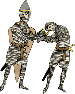 Ein Ritter hilft einem anderen beim Ankleiden (Hortus Delicarum)