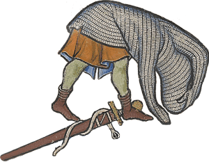 Ritter in der Maciejowski-Bibel beim Ablegen seines langen Kettenhemdes.