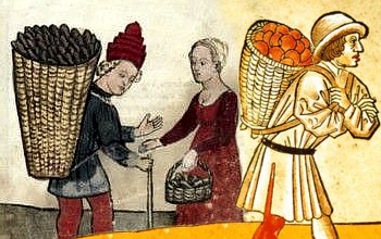 Collage aus "Libro de componere herbe et fructi" (BNF Ital. 1108), um 1470/71 (linke Seite) und einem Kartenmotiv aus einem der ältesten vollständig erhaltenen Kartenspiele, dem "Ambraser Hofämterspiel" (um 1450/60)