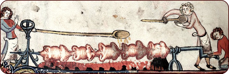 Köche bei der Geflügelzubereitung am Drehspieß, Alexanderroman (1338-1344)