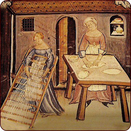 Frauen bei der Herstellung von Nudeln, Abbildung aus dem Tacuinum Sanitas, spätes 14. Jahrhundert
