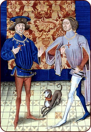 Schnabelschuhe, Thibaut III. von Champagne (†1201) und Ludwig (†1205), Graf von Blois und Chartres (Teil einer Miniatur des 15. Jhd.)