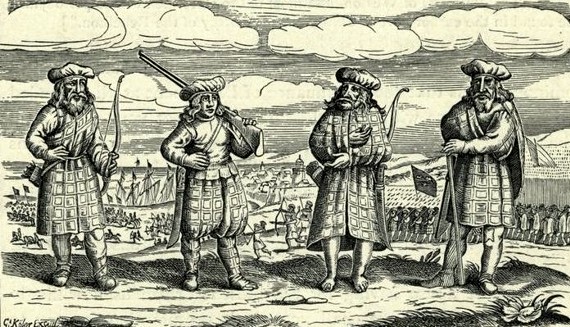 Älteste bekannte Darstellung des "Highland Dress". Mitglieder eines schottischen Söldnerregiments mit Hosen, Tunika und belted plaid im Dreißigjährigen Krieg (1631) bei der Landung in Stettin.