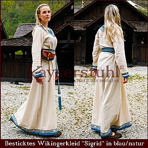 Handbesticktes Frühmittelalter-Kleid "Sigrid", natur/blau