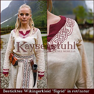 Handbesticktes Frühmittelalter-Kleid "Sigrid", natur/rot