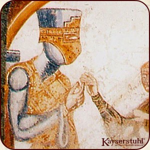 Lunete gibt Iwein den unsichtbar machenden Ring. Szene aus dem Iwein-Zyklus auf Schloss Rodenegg.