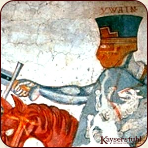 Iwein kämpft mit Aschelon (Askalon). Szene aus dem Iwein-Zyklus auf Schloss Rodenegg.