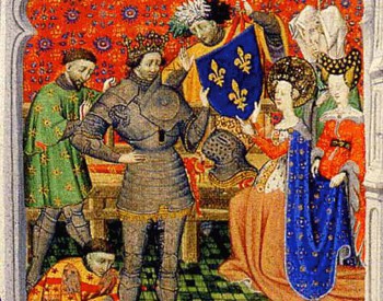 Die heilige Königin Chrodechild empfängt von einem Engel die Fleur-de-Lys und überreicht sie ihrem Mann, König Chlodwig I. (Teilweise Darstellung aus dem Stundenbuch des Duke of Bedford, um 1423)
