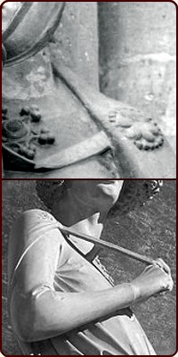 Bild rechts: Tasselscheibe an der Statue der Uta zu Naumburg und die typische Haltung des Tasselbandes am Bamberger Reiter. Die Uta diente übrigens dem seligen Walt Disney als Vorlage der bösen Stiefmutter im Zeichentrickfilm Schneewittchen (Snowwhite And The Seven Dwarfs)