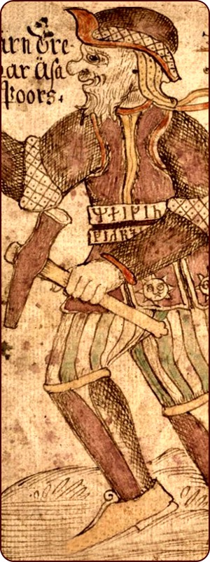 Darstellung von Thor mit seinem Hammer Mjöllnir, Isländisches Manuskript 18. Jhd.
