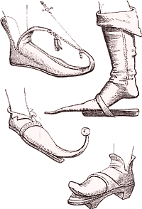 Zeichnungen mittelalterlicher Schuhe, teilweise mit Trippen